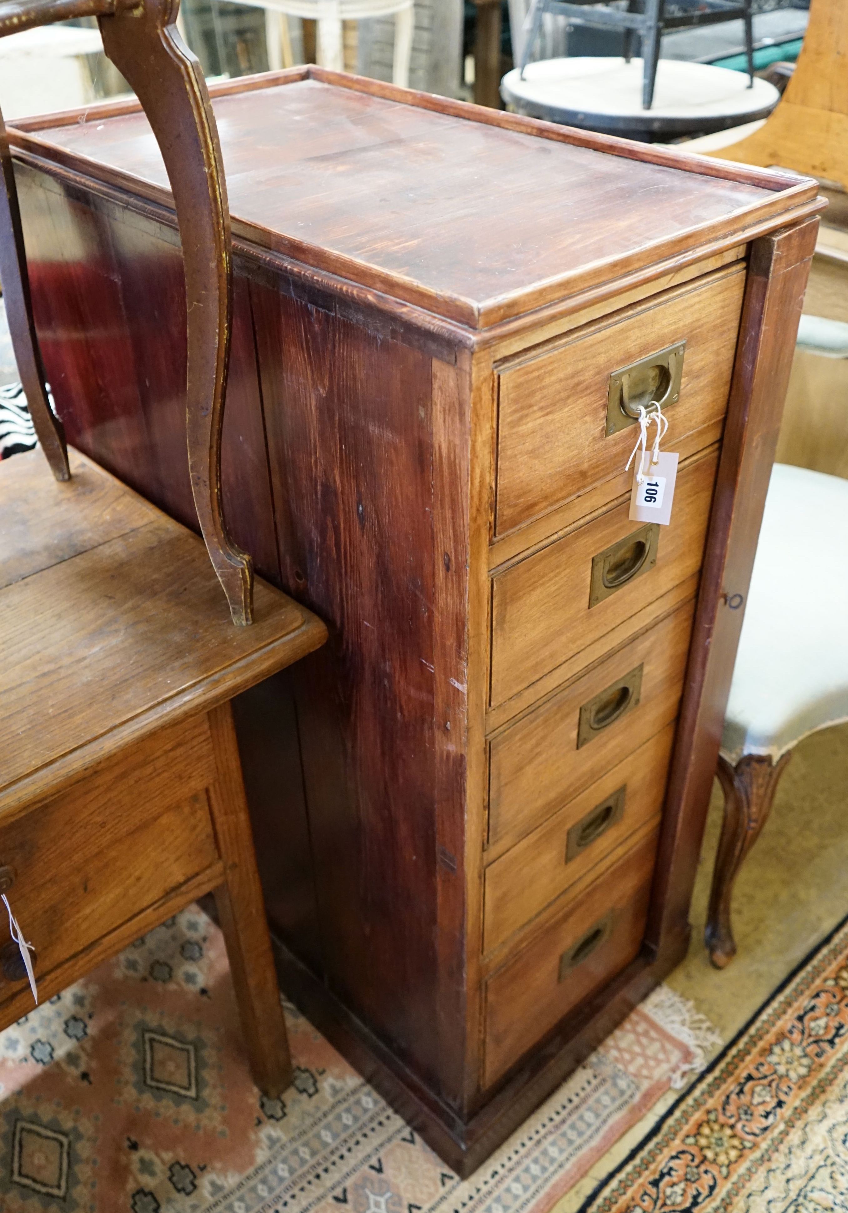 A Victorian military style mahogany and pine five drawer filing chest with locking bar, width 43cm, depth 70cm, height 107cm